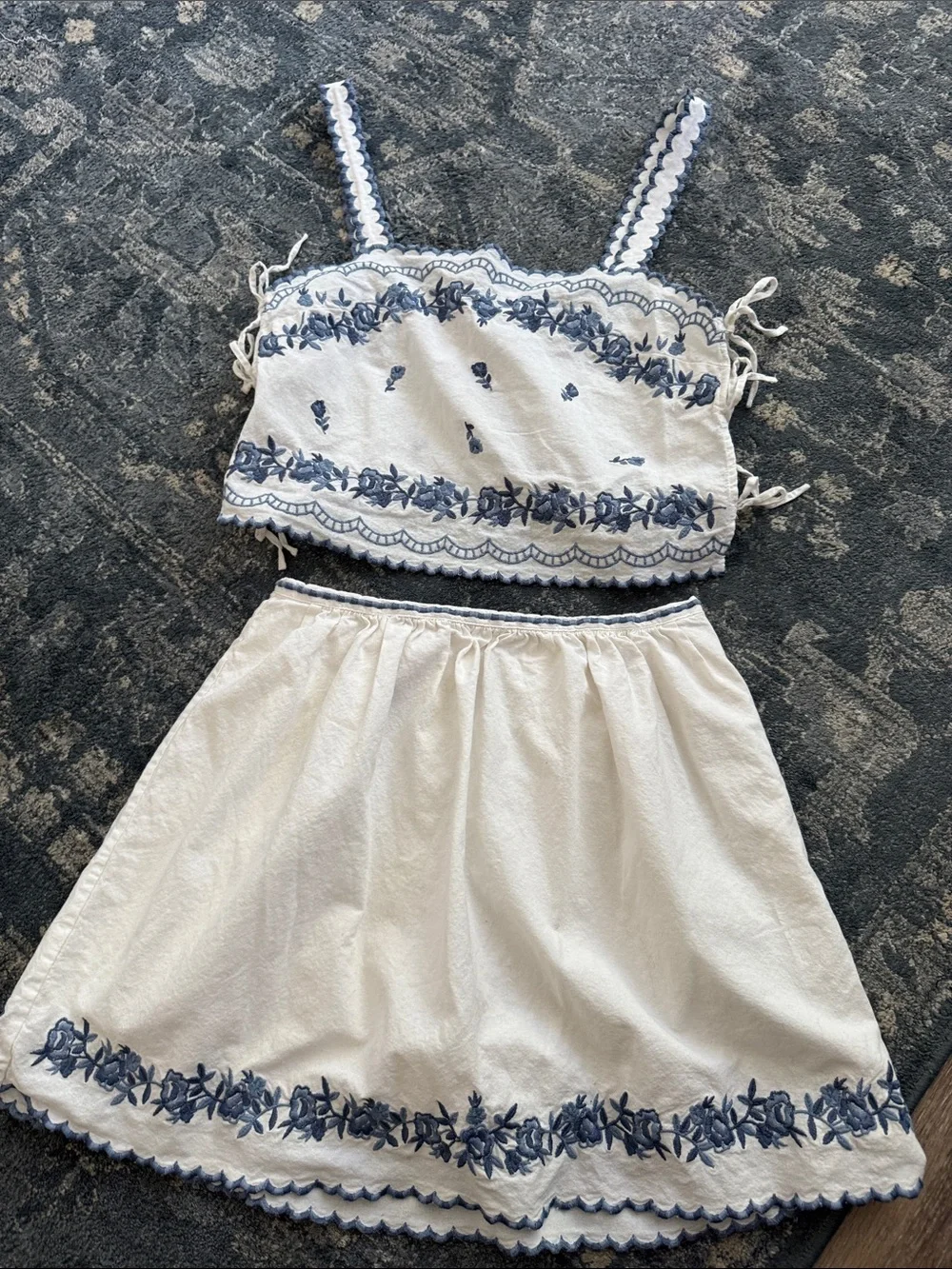 Sézane Sabyna Top Noam Skirt Set Ecru Blue Embroidered Cotton FR 36 US 4